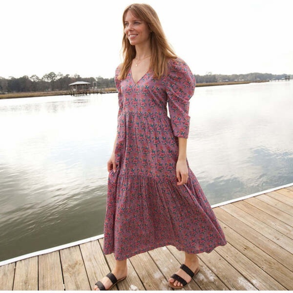 Pink Chicken Maribelle Posey Floral V-Neck Puff-Sleeve Midi Dress Flattering